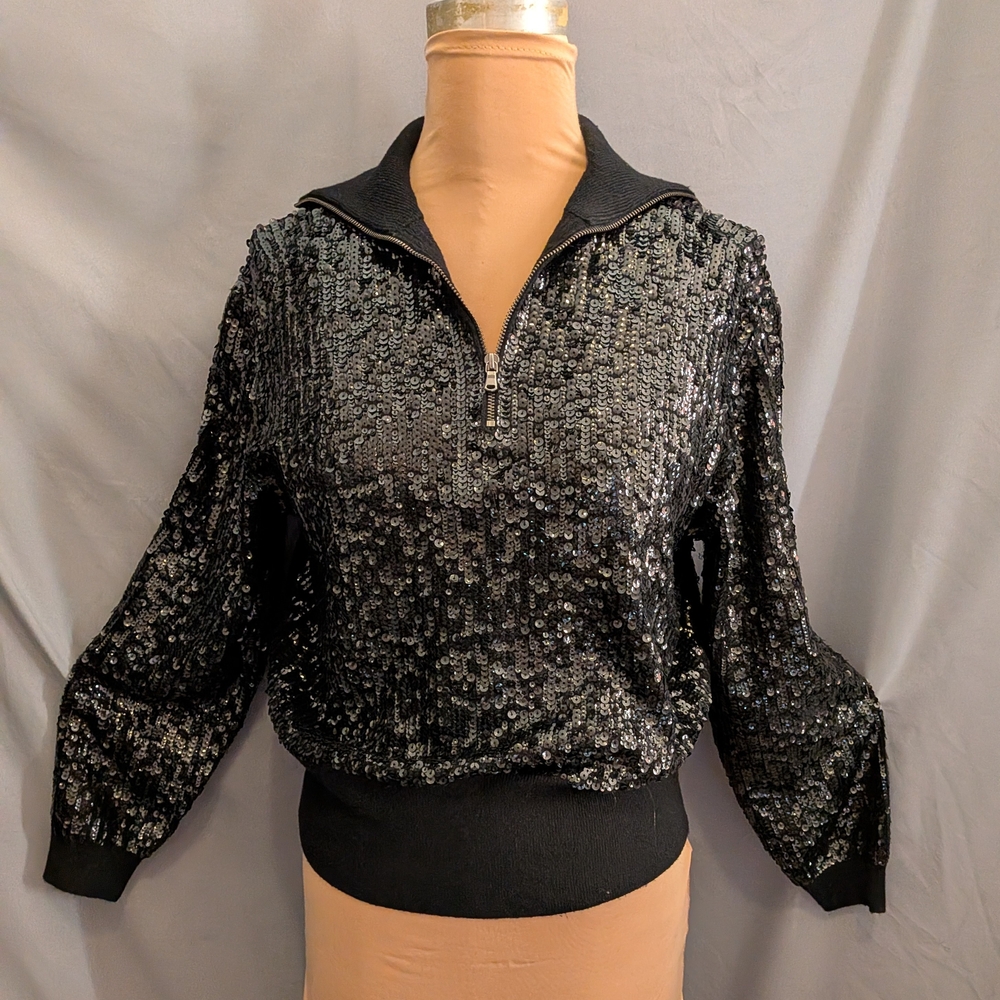 NWT J. CREW Black Sequin Quarter Zip Sweatshirt MEDIUM
